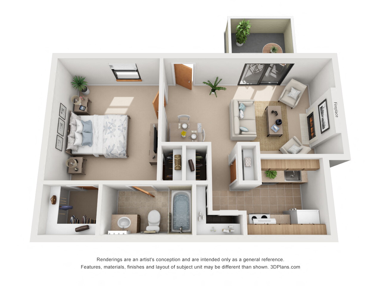 Floor plan for 1 bed, 1 bath, 600 sqft